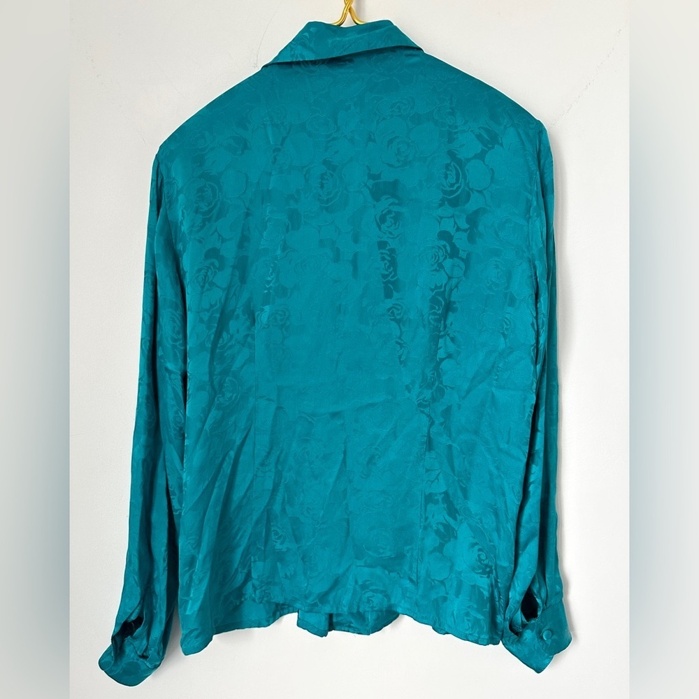 Vintage Robbie Bee Teal Blue 100% Silk Button Front Long Sleeve Top Womens Small - Picture 3 of 6